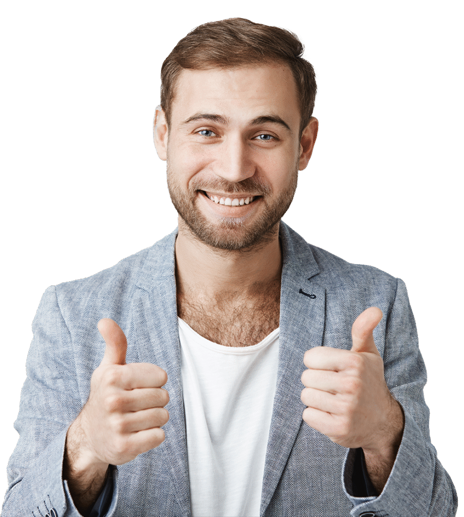 homme heureux avec pouces leves